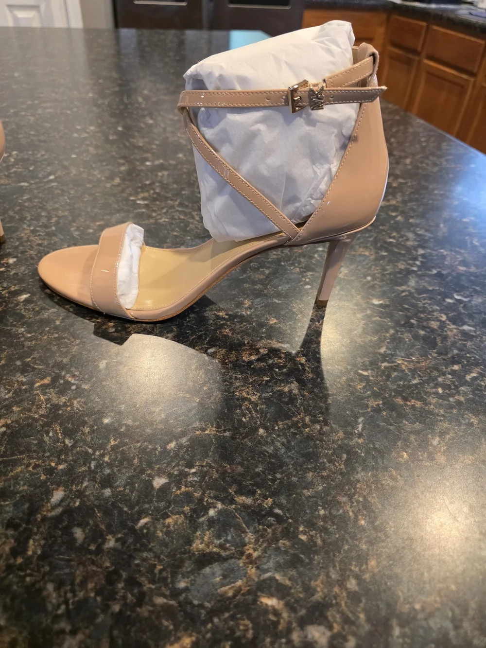 Nude Patent Strappy Ankle-Heel Sandals